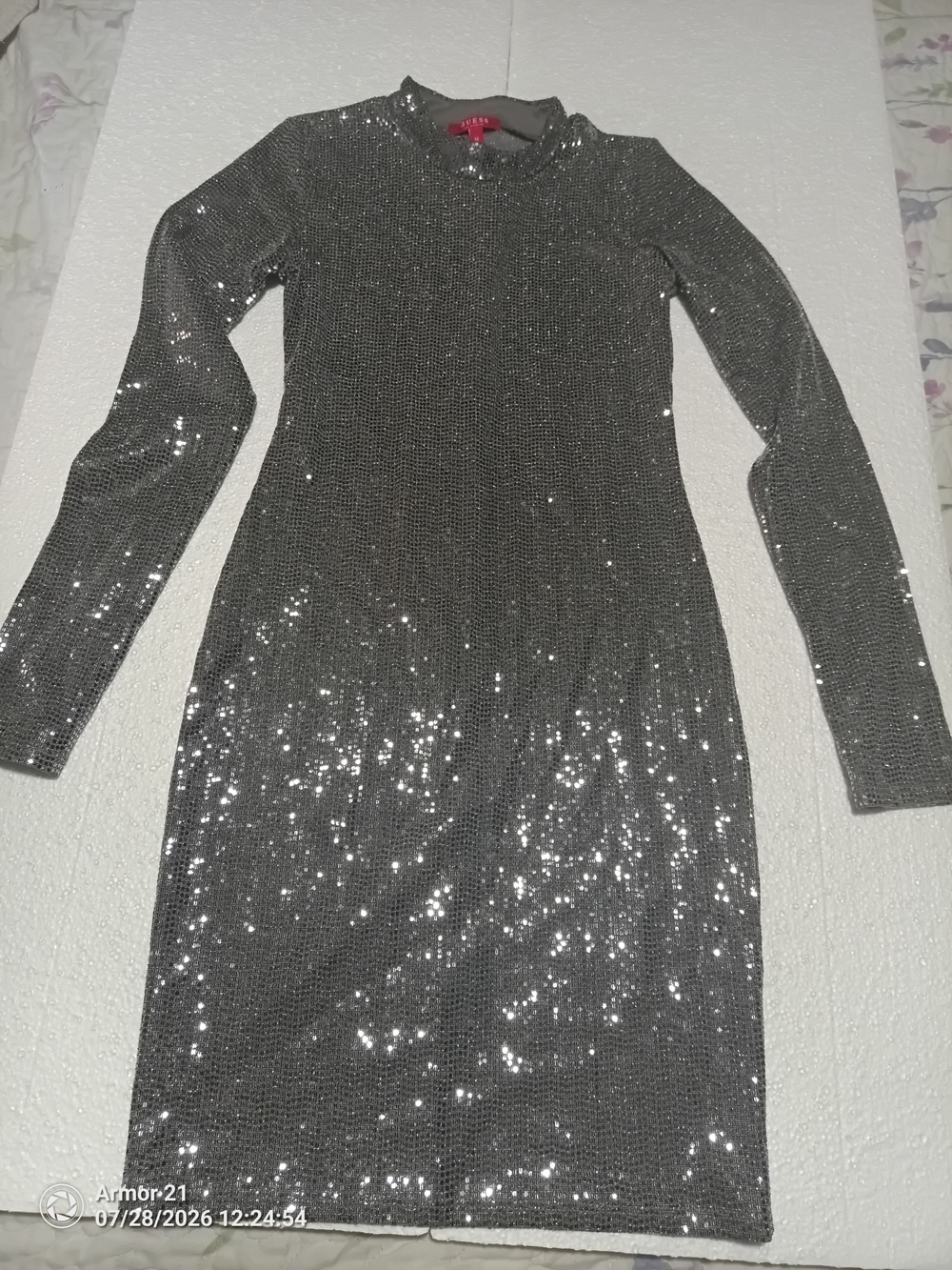 GUESS Silver Sequin Long Sleeve Dress